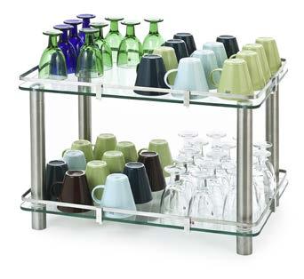The shelf can fit up to 150 glasses. The rectangular model has two glass shelves with railings.