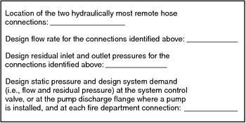 The location should be based on the requirements of the fire department. A.6.8 See Figure A.6.8 for sample hydraulic information sign. FIGURE A.6.8 System Hydraulic Information Sign. A.7.