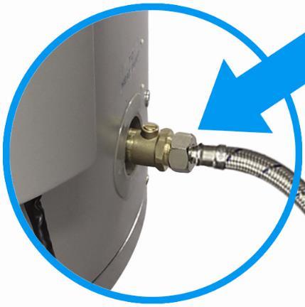 Cold Hose Connection: Attach the flexible braided hose, marked with a blue stripe through the braid and attached to the bottom of the heat exchanger, to the ball valve fitting in