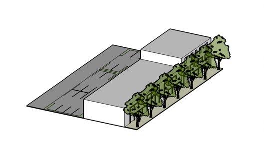Screening with low walls, hedges, and other landscaping should be located between sidewalk and parking lot.
