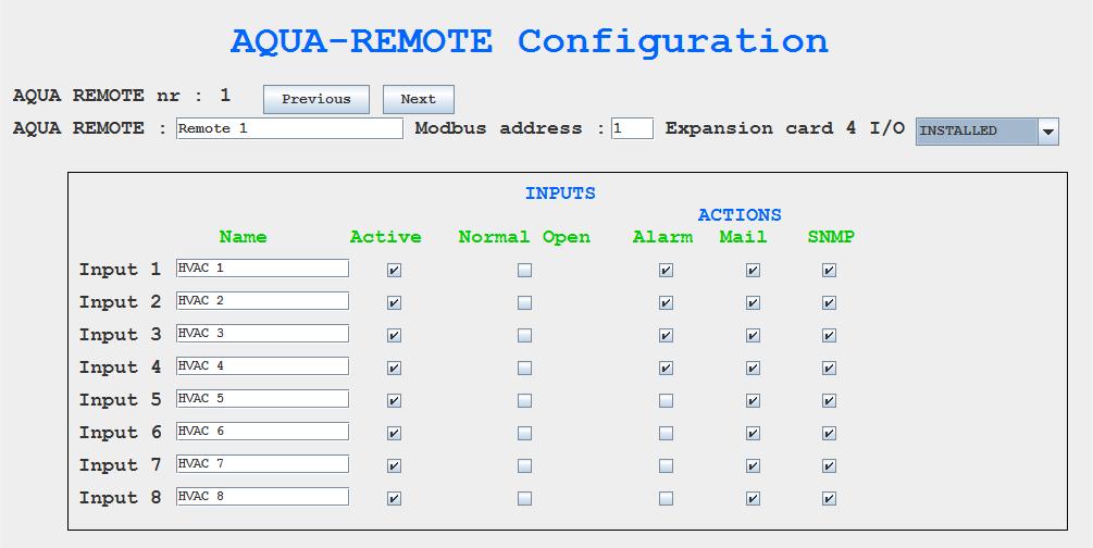 If Aqua-Remote modules are to be installed, tick off Aqua-Remotes installed, then Apply to add the Aqua-Remote module. Then click Aqua-Remote configuration to configure the module.