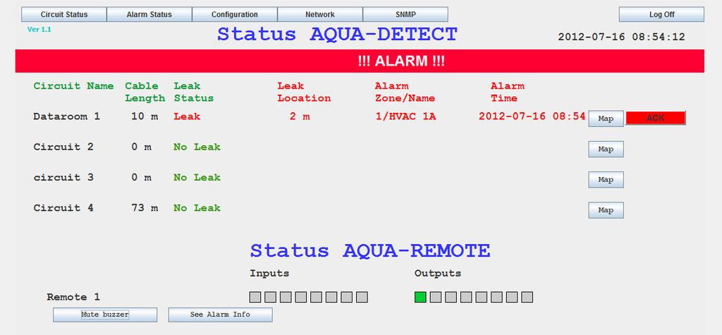 3.1. Alarm As soon as the spots a water leak, this will be shown on the screen : a red banner with white inscription!!! ALARM!!! appears and the details of the alarm show up (also in red).