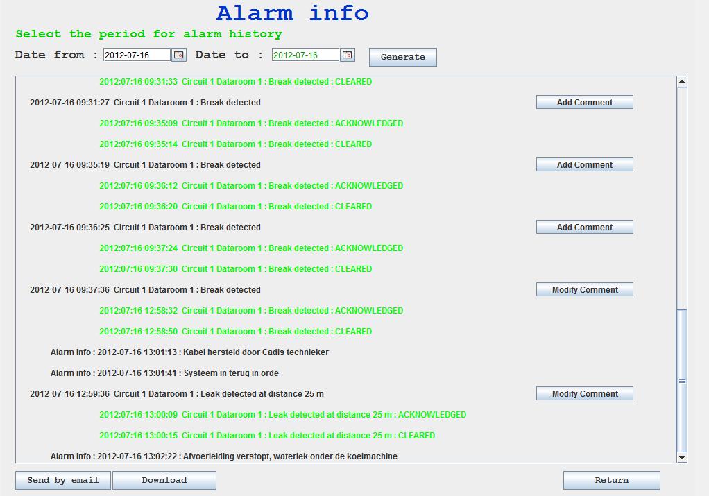 Alarm Status On the page Alarm status, the entire history file of the alarms and corresponding comments can be retrieved.
