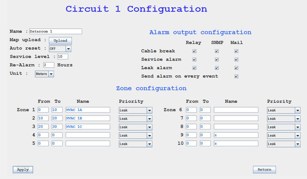 The 4 circuits can be adjusted separately, click on the circuit that needs to be configured: Configuration circuit Name: Fill in the name of the leak detection circuit.