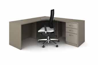 within reach. A large worksurface with tabletop grommet to disguise cables adds functionality to this workspace. Space and storage. An open working space.