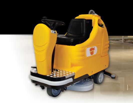 Coral 65m 3300msq/h Ride-On floor scrubber with traction, comes with a washing unit of two counter-rotating brushes of 330mm and a cleaning width of 660mm.