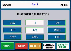 TGA Platform Calibration Keys The TGA Platform Calibration Menu is accessed by touching the CAL PLATFORM key on the Control Menu touch screen. The keys shown in the figure here are displayed.