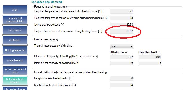 Figure 10: DEAP Software Net space heat demand The Assessor selects the type of heat emitters present in the dwelling; this is taken from Section 4 of the Designer Installer Sheet and confirmed by
