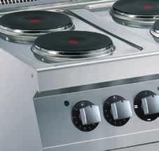 Individually controlled hot round or square plates, (2,6 kw each), with step regulation. The surface is in a single piece and is moulded in 1.5 mm stainless steel.