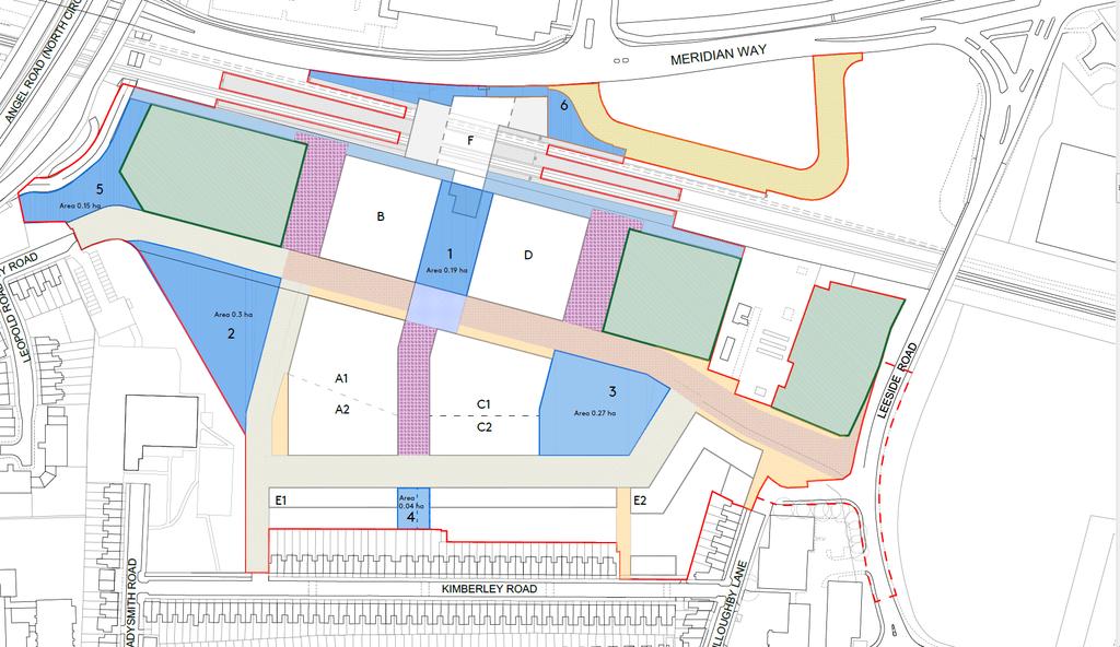 Proposed land uses on the Meridian Water Phase 1 site Open space 1. West train station square 2.