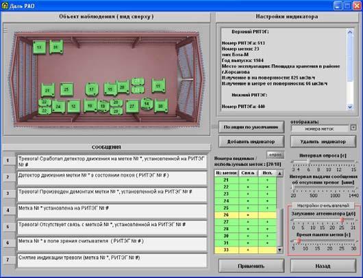 Main program window serves for representation for the user visual information about signals received from readers, also it enable user to cancel alarm signals Indicators could be in four working