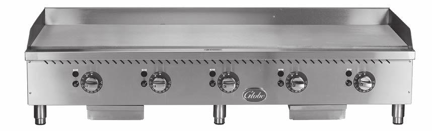 Globe Gas Countertop GRIDDLES MANUAL CONTROLS All stainless front, manual controls, 15", 24", 36", 48" widths 1-inch highly polished griddle plate fully welded to stainless steel frame Stainless