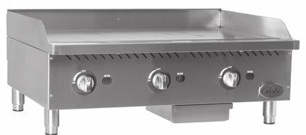 per burner Spatula-wide 4" trough Adjustable pilots with front access Heavy-duty, stainless steel adjustable legs and feet Unit ships Natural Gas with LP conversion kit included 2-year parts and