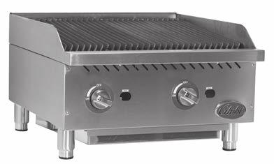 Globe Gas Countertop CHARBROILERS RADIANT HEAT All stainless front, 15", 24", 36" or 48" widths High performance 40,000 BTUs per burner Stainless steel U-style burner provides heat control every 12"