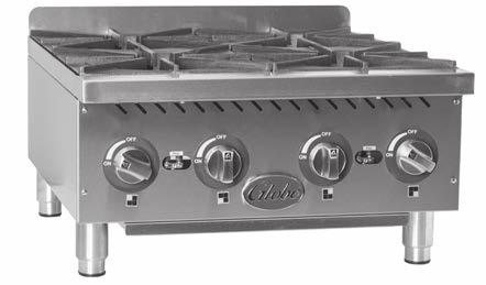 Globe Gas Countertop HOT PLATES All stainless front, 12", 24", and 36" widths High performance, heavy-duty 22,000 BTUs per cast iron burner Stainless steel, double wall construction, extended