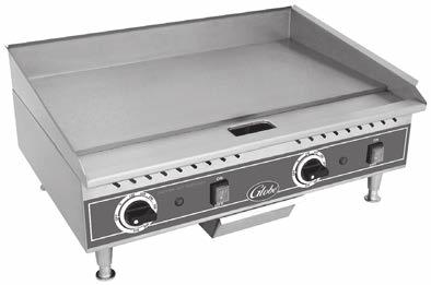 Globe Electric Countertop ECONOMY GRIDDLES Available in 24" and 36" widths 3/8" plate thickness Highly polished griddle plate fully welded to stainless steel frame Stainless steel construction and