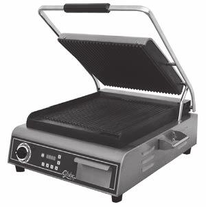 Globe Deluxe SANDWICH GRILLS Single grill has 14" x 14" cooking surface Double grill has two 14" x 14" cooking surfaces GPG14D Seasoned heavy-duty cast iron smooth or grooved grill plates Combo