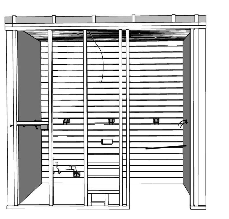 Install the ceiling T&G first, followed by the back wall, then the side walls followed lastly by the front wall. The sauna kit is manufactured following this process.
