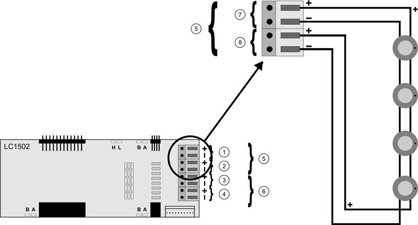 4 LC1502 LOOP CONNECTIONS 4.1 Loop connections Figure 4: Loop connection and location of class A/B jumpers 1. Class B loop 1 2. Class B loop 2 3. Class B loop 3 4. Class B loop 4 5. Class A loop 1 6.