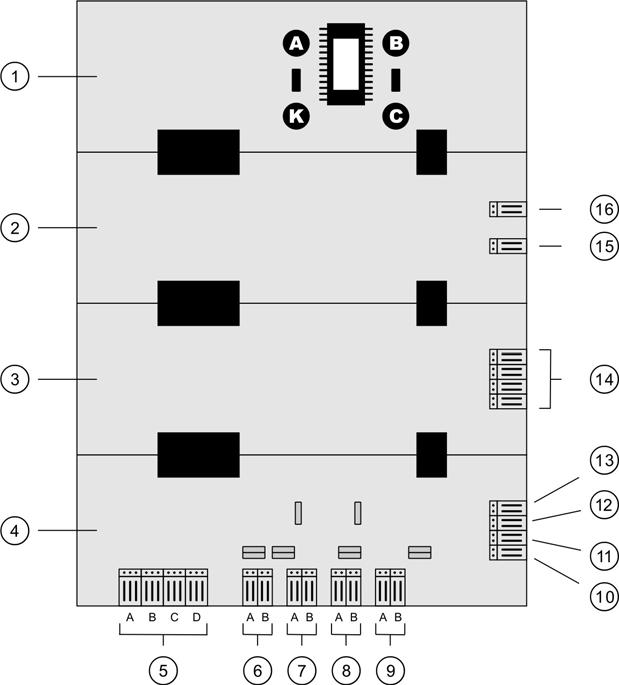 3 PROTOCOL SELECTION 3.1 FP1200 and KSA1204 panels Figure 1: Position of inputs, loops and relay connections AB. Aritech 2000 protocol selection. AC. Aritech 900 protocol selection. KB.