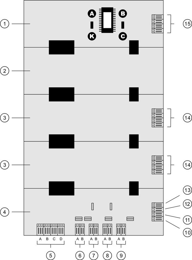 3.2 FP2000 and KSA1208 panels Figure 2: Position of inputs, loops and relay connections AB. Aritech 2000 protocol selection. AC. Aritech 900 protocol selection. KB. Kilsen KAL210 protocol selection.
