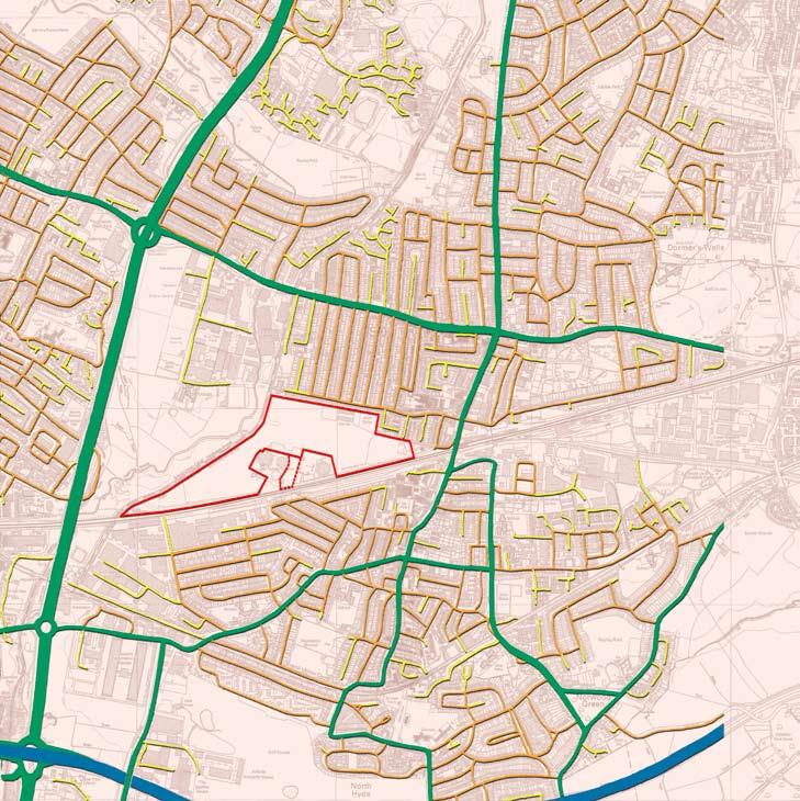 The primary roads are shown in green with secondary streets in brown and cul-desacs in yellow. At the local level the permeability of the area is reasonably good.
