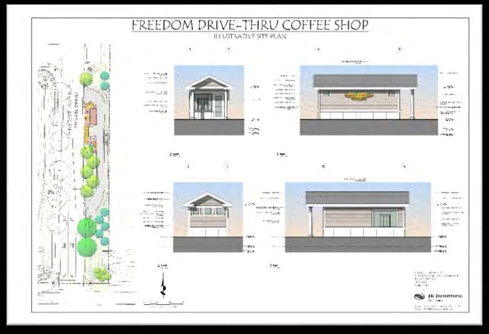In further detail, this proposed project is for the installation of a new drive-thru kiosk with a small outdoor seating area. New landscaping will be installed on all sides of the facility.