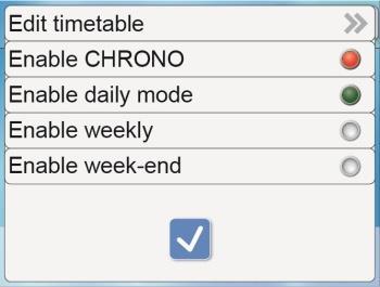 Examples: Press on the left right arrows of the first line to scroll between the three programming options available: daily mode, weekly, week-end Press on the left right arrows of