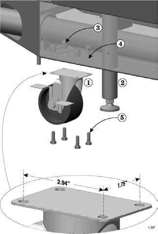 Continue adjusting the legs down until all the bottom of the boiler base is 5¼ inches above the floor. Removing the casters to allow bolting the boiler to mounting blocks 5. Check level.