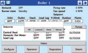 To silence an alarm, press the reset button on the top of the boiler or press the Silence button from the History screen (see Figure 66). Fault/Alarm Handling (HOME PAGE HISTORY BAR) 1.