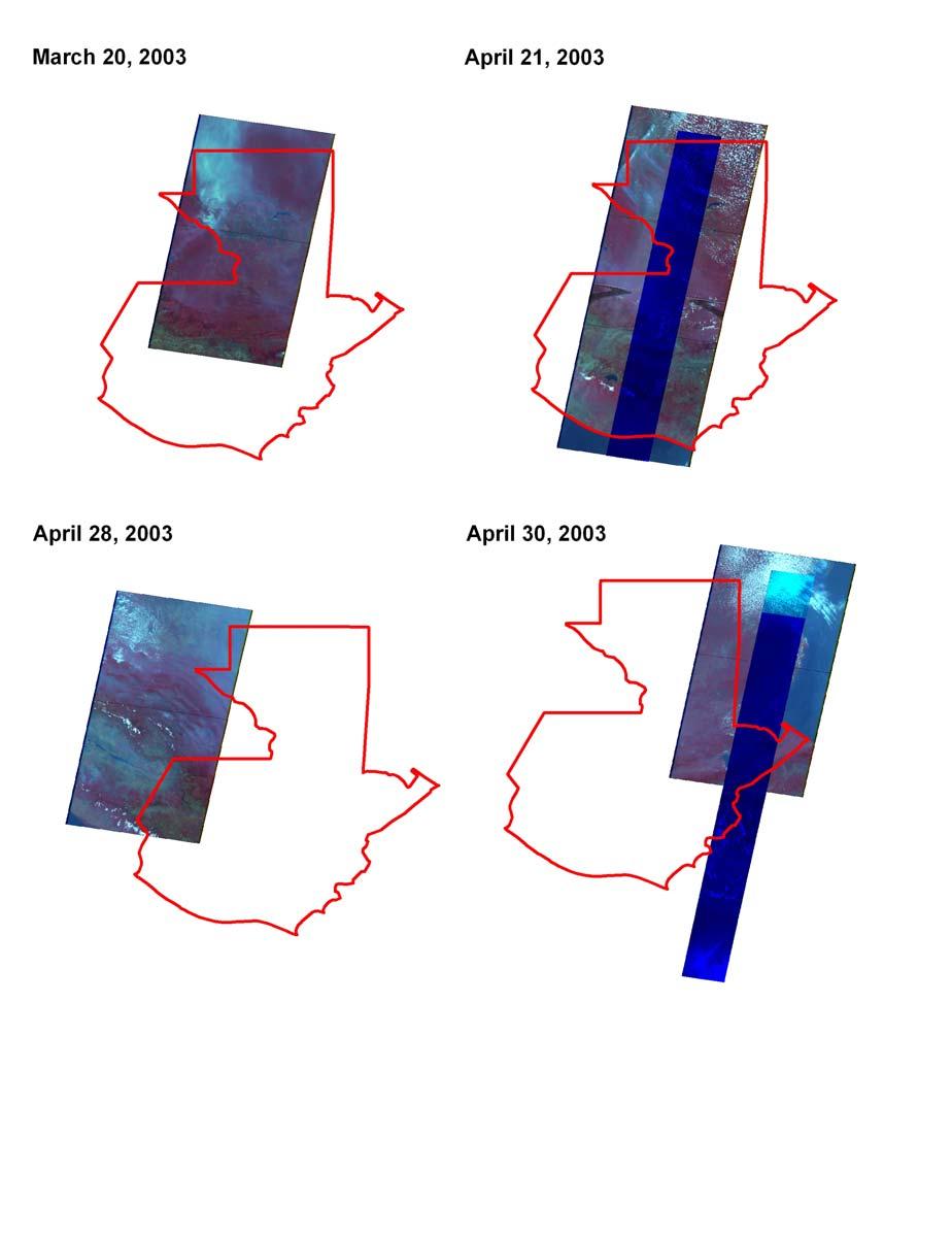 Figure 2. The LANDSAT and ASTTER imagery coverage for the four dates in 2003. The LANDSAT imagery is shown for each of the four dates.