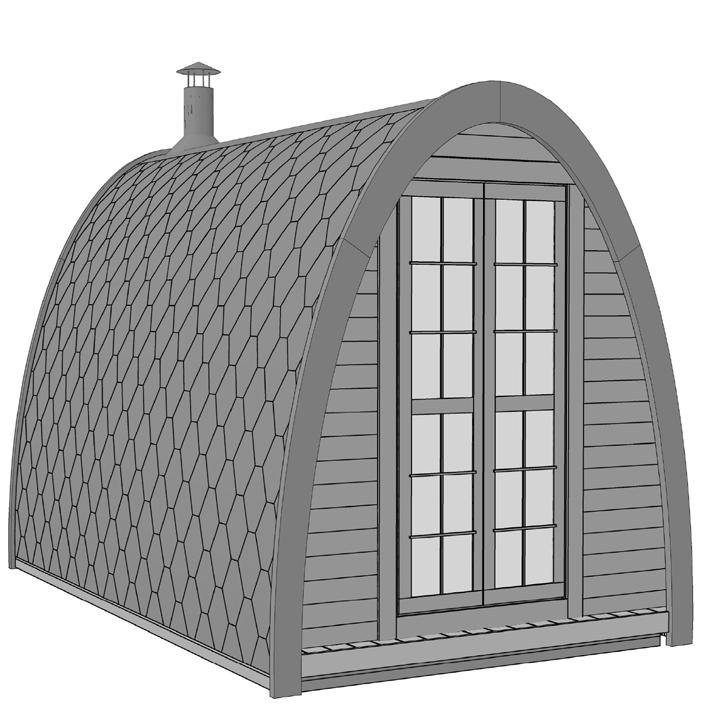 Specifications Wood Shape Pod made from spruce wood; Roof covered with black bitumen shingles; Double doors with a lock and the double glass windows; Tempered glass windows in the back