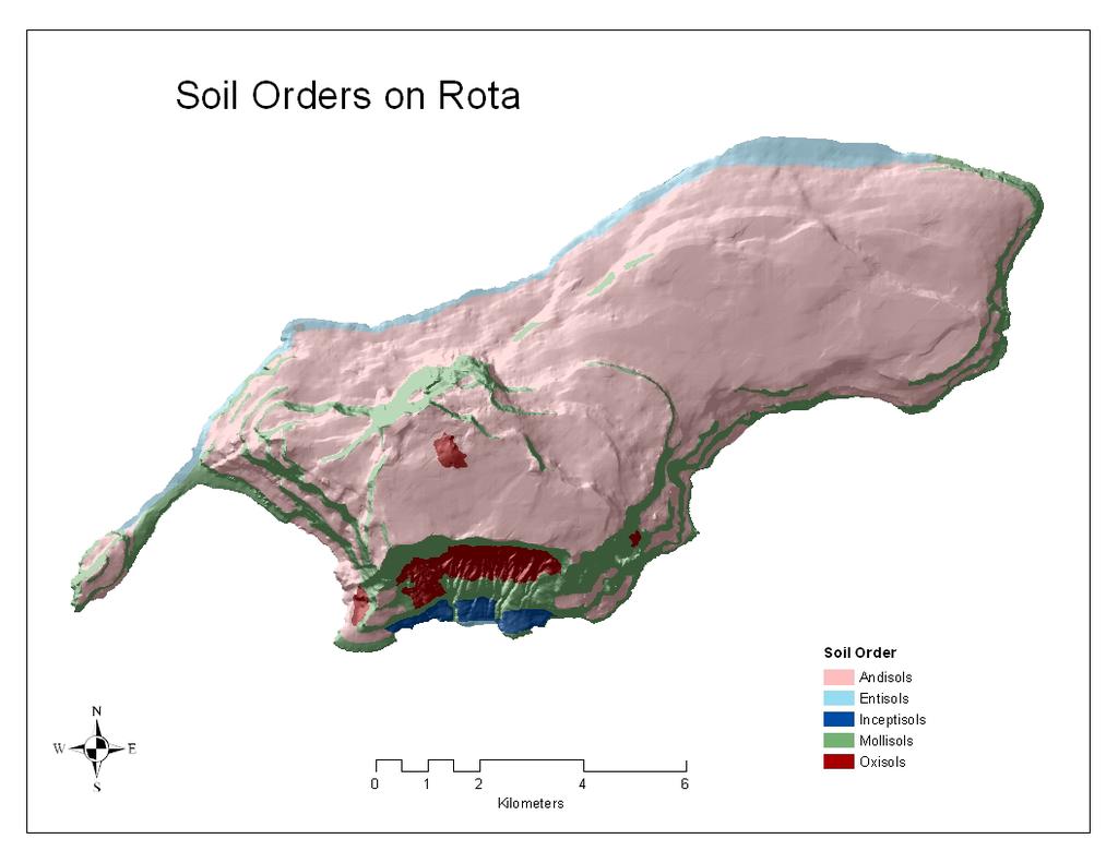 The island of Rota consists of four soil orders with Andisols dominating the limestone plateau, Oxisols that have developed on the volcanic parent material of the southern escarpment, Mollisols on
