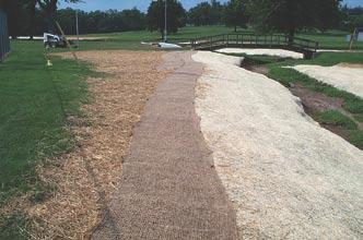 24 Protecting Soils with Seed, Mulch or Other Products Excellent soil coverage at stream bank stabilization project using hand scattered straw, jute matting, and erosion blanket.