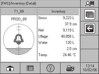 FMS Inventory Summary Menu The FMS Inventory Summary displays a graphical representation of the product and water levels in the tank and indicates any alarm conditions.