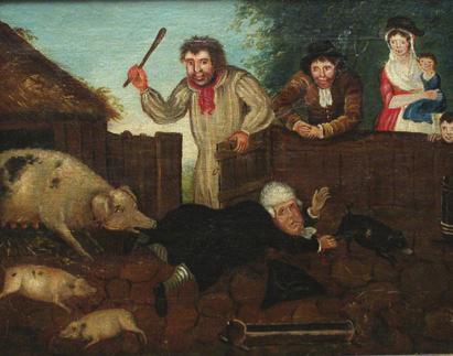 147. OIL ON PANEL Political Pig Pen, late 18 th Century. 10 ½ in.