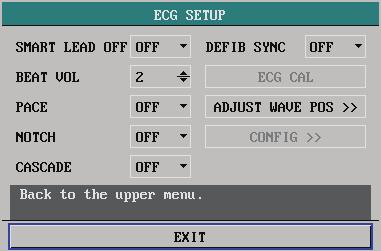 Other Setup Select OTHER SETUP >> in the ECG SETUP menu. The following menu appears. The options available in the menu vary with each algorithm package.