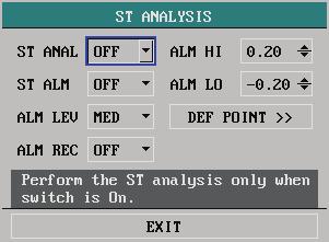 10.5.2 3/5-Lead ST Analysis Menu Select ST ANALYSIS >> in ECG SETUP menu. The following menu appears.