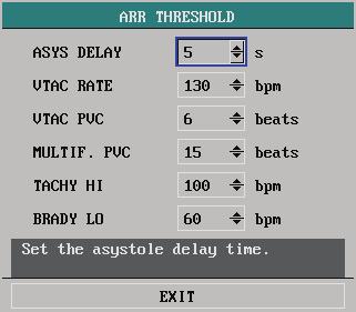 10.6.6 Arr Threshold Select ARR THRESHOLD >> in the ECG SETUP menu and the following menu appears. You can change the threshold settings in this menu.