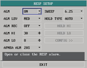 10.7.3 Respiration Setup Selecting the RESP label on the screen opens the following menu. Figure 10-22 RESP Setup Menu In this menu, you can perform the following settings.