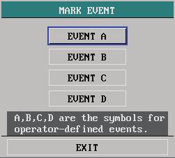 4.4.9 Mark Event Select MARK EVENT>> in SYSTEM SETUP menu. The following menu appears. Figure 4-16 Mark Event This menu allows you to mark four different events, namely event A, B, C and D.
