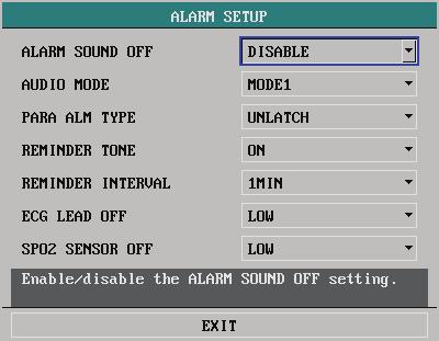 4.7.1 Alarm Setup Select ALARM SETUP>> to enter the following menu: Figure 4-23 Alarm Setup ALARM SOUND OFF ENABLE: ALARM VOL can be set to 0. DISABLE: ALARM VOL cannot be set to 0.