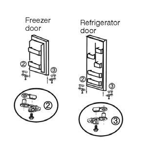 Step 5 Step 6 Remove right pin assemblies from the bottom of the freezer and refrigerator doors.