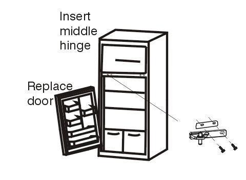 Note: You must re-use the screws from the pin assemblies that are removed in this step when attaching the new assemblies. Place the refrigerator door on the bottom left hinge.