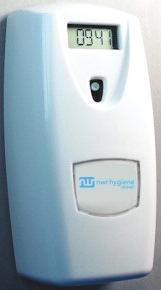 Higher fragrance levels can be selected at known busy periods. A countdown clock indicates the time until the next spray and confirms operation of that air freshener.