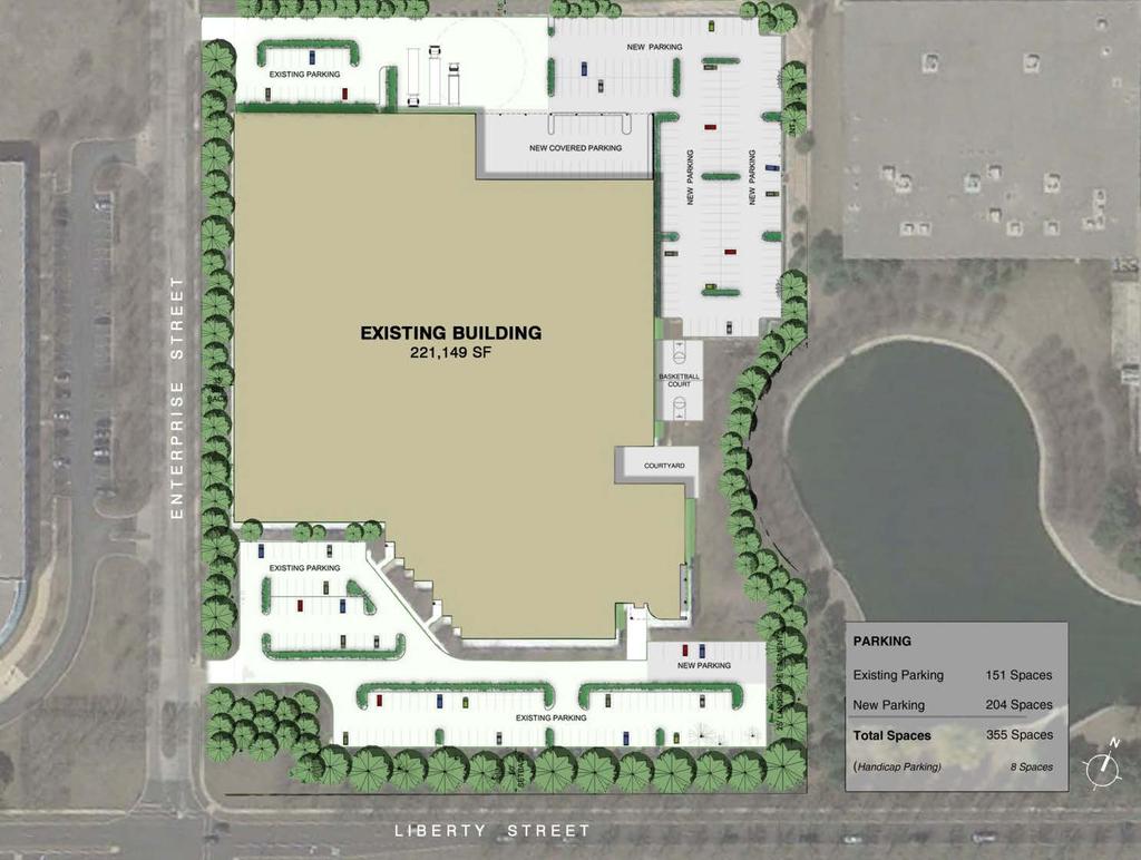 A180.02 Site Plan: An existing abandoned warehouse facility was purchased by the client and repurposed into the new corporate headquarters and national production facility for this