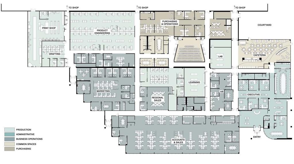 A180.03 Office Zone Floor Plan: Graphic depicting a developmental stage in planning of the office zone. Spaces are color keyed by department.