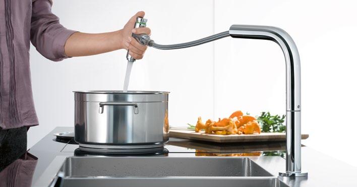 amount of water and the temperature is easy with the ergonomically shaped handle. Turning the ergonomic handle controls the water temperature.