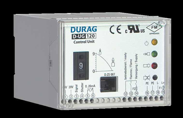 D-UG 120 Control unit Self-monitoring and fail-safe control unit for the monitoring of gas, oil and coal flames with DURAG UV, UV+IR or IR flame sensors, primarily in single burner view applications
