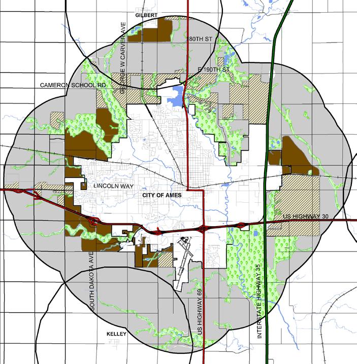 Land Uses. Although rural areas and agricultural farmland constitute a major portion of the Ames Urban Fringe, varying degrees of urbanization and different types of land uses exist in the fringe.